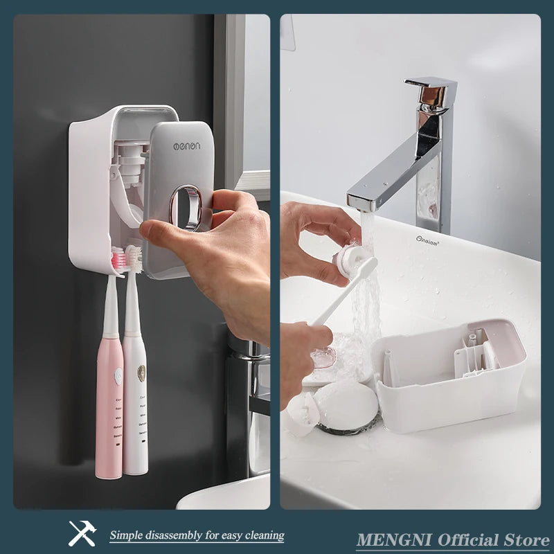 Automatic Wall-Mounted Toothpaste Dispenser with Toothbrush Holder – No-Drill Bathroom Organizer